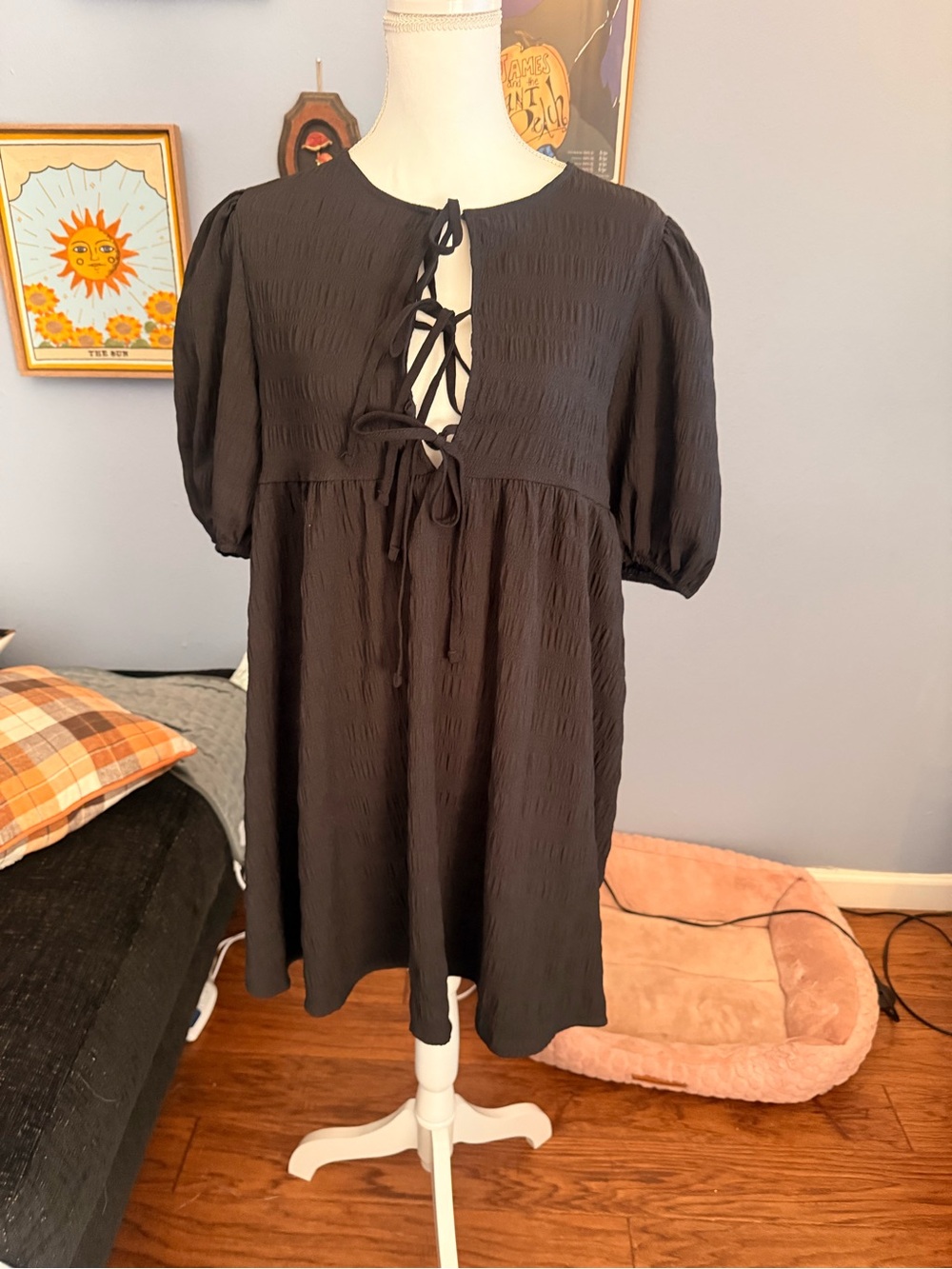 SHEIN Black Puff Sleeve Tie-Front Mini Dress
